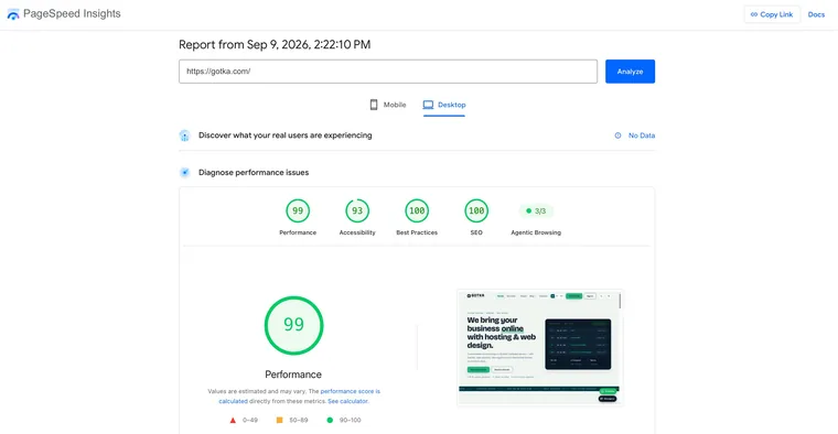 gotka.com PageSpeed Insights desktop report: 99 Performance, 93 Accessibility, 100 Best Practices, 100 SEO