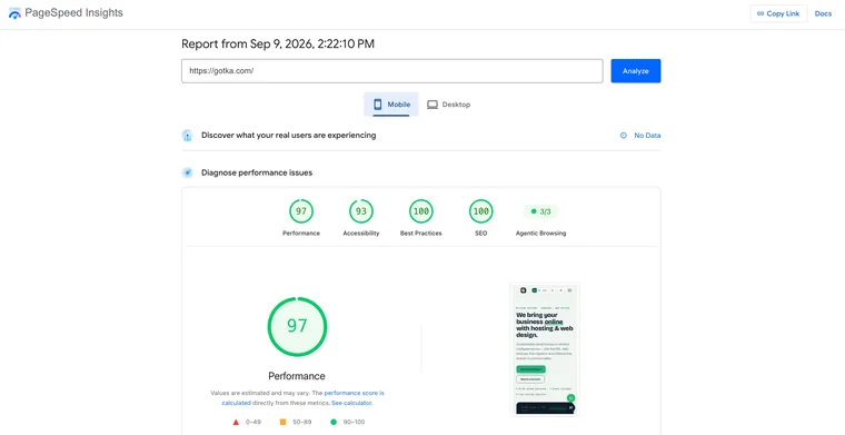 gotka.com PageSpeed Insights mobile report: 97 Performance, 93 Accessibility, 100 Best Practices, 100 SEO